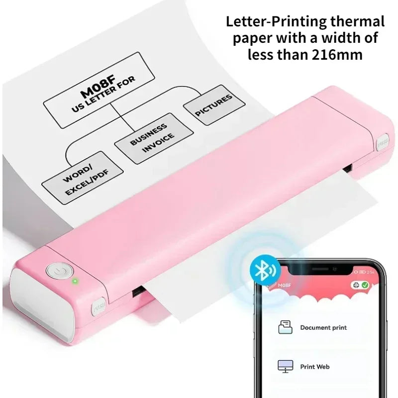 Portable pink Bluetooth thermal printer printing documents, compatible with smartphones and supports various paper sizes up to 216mm.