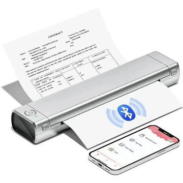 Portable thermal printer with Bluetooth connectivity printing a letter-sized document next to a smartphone app for wireless printing.